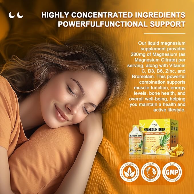 7-in-1 Magnesium Citrate Liquid, Magnesium Citrate Supplements Drink with 280mg Magnesium, Zinc, Bromelain, Vitamin C D3 B6, Muscle & Sleep Support for Kids & Adult, 1 fl.Oz (10Pcs)