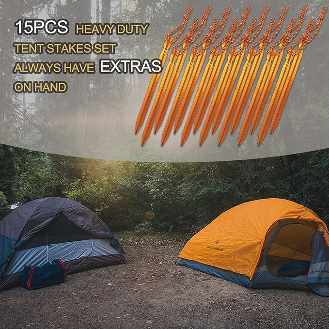 15Pack Tent Stakes, 7075 Aluminum Tent Stakes Heavy Duty, Lightweight Metal Stakes with Pull Rope, Tent Pegs for Backpacking, Durable Camping Tent Accessories, Orange