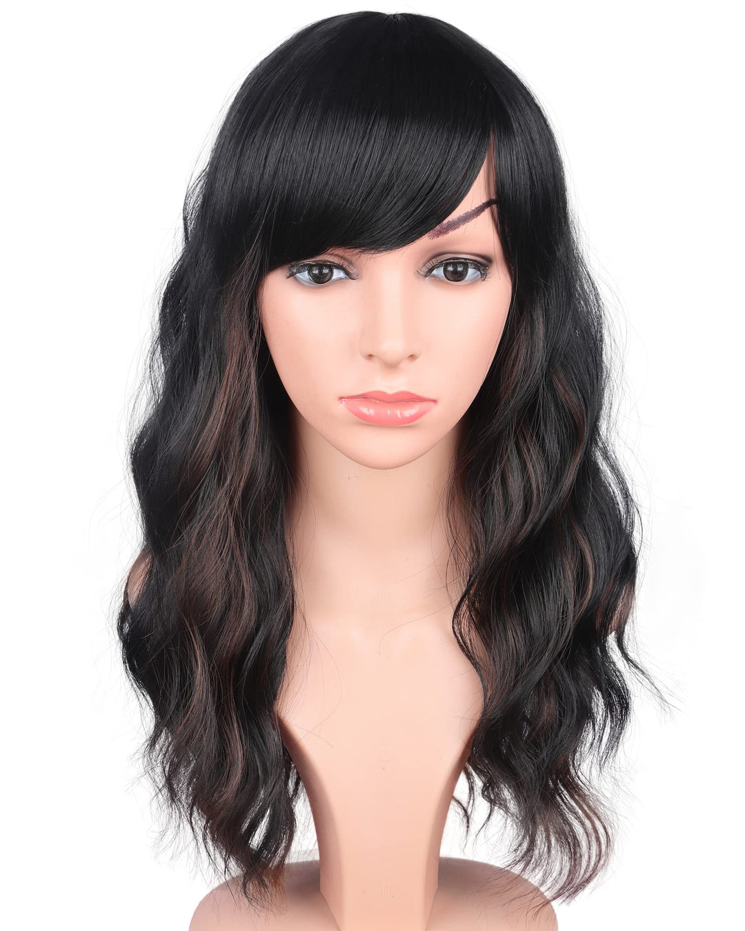 Symeiw Black Wavy Wigs With Brown Highlights For Black Women Synthetic Black Hair Wigs Medium Long Black Wigs Heat Resistant Wig