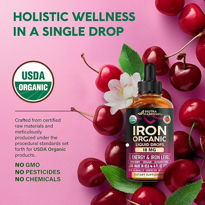 Liquid Iron Supplement for Women 18 mg - USDA Organic Iron Drops - with Folate, Vitamin B12 & B6 - Iron Level & Energy - Gentle & High Absorption Glycinate Form - Cherry Flavor, Sugar-Free - 4 fl oz