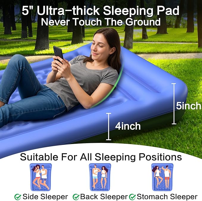 5-Inch Thick Double Sleeping Pad for Camping - Self-Inflating 2 Person Camping Mattress with Built-in Foot Pump, Insulated Inflatable Camping Mat for Backpacking, Hiking, Tents & Winter