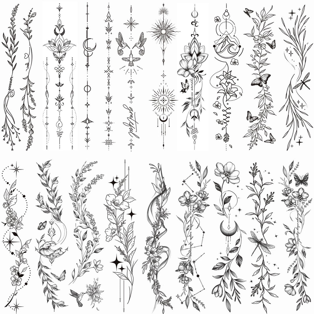 Tazimi Temporary Tattoos For Women Girls-24 Sheets Branch Flower Leaf Wild Plants Sketch Realistic Long-lasting Tattoo Stickers Waterproof Tattoo Sets for Arm Collarbone Leg Backbone Body Art
