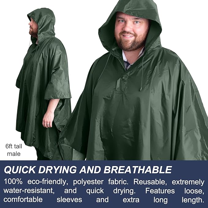 Heavy Duty Rain Poncho for Backpacking, Waterproof Lightweight for Adults, Military, Emergency, Camping, Men, Women