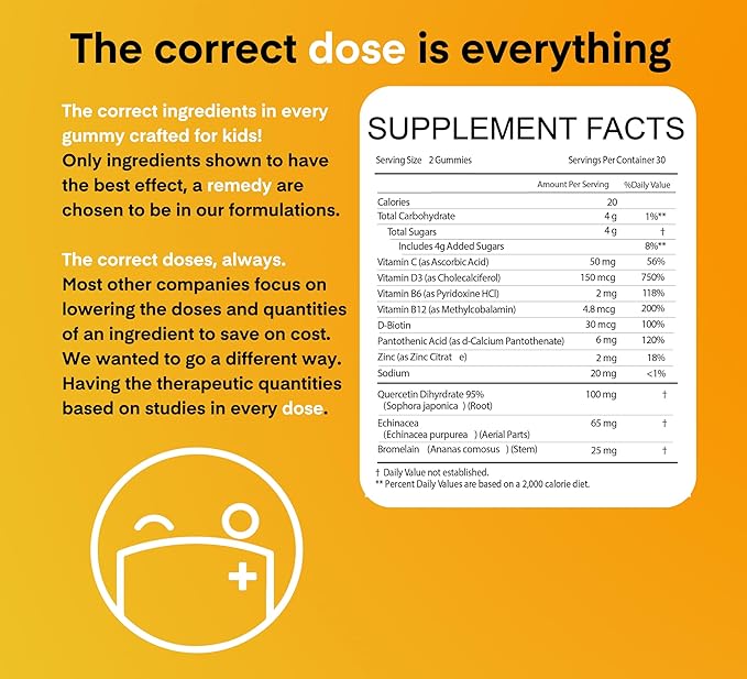 A Dose of Immunity Kids Quercetin with Vitamin C, Zinc, Vitamin D, 100mg Quercetin Bromelain, Echinacea, Lung Immune Support Supplement, Immune Defense, Immunity Booster, 60 Gummy Count (Pack of 1)