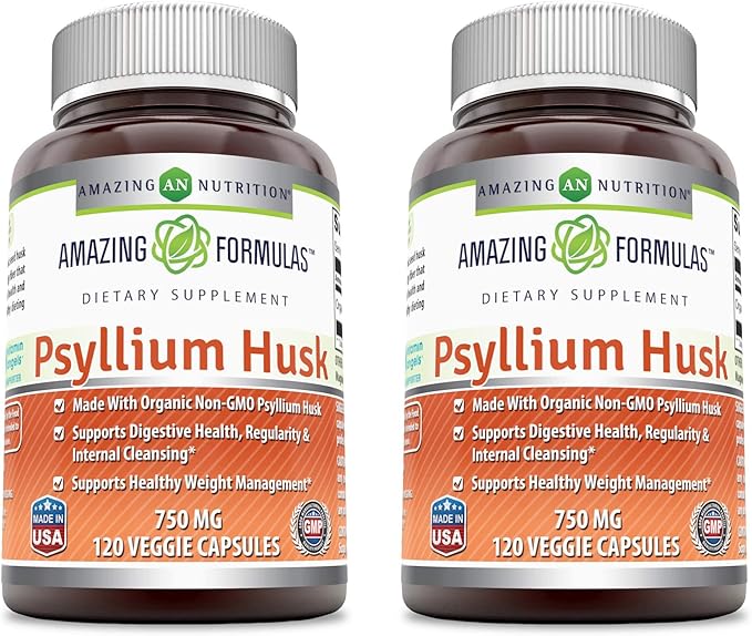 Amazing Formulas Psyllium Husk 750mg 120 Veggie Capsules Supplement | Non-GMO | Gluten Free | Made in USA | Suitable for Vegetarians | 2 Pack