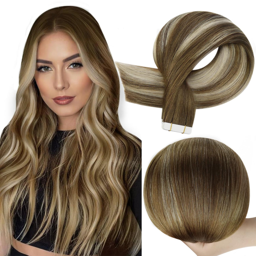 Full Shine Balayage Tape in Human Hair Color 4/27/60/8 Brown Ombre Blonde Highlight Remy Hair Extensions Real Human Tape in 12Inch 30Gram Seamless Invisible Skin Weft for Women 20Pcs Straight