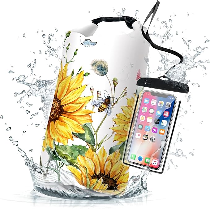 Waterproof Dry Bag,Roll Top Summer Sunflowers Small Waterproof Backpack 5L/10L/20L Floating and Lightweight Bags for Kayaking, Boating, Fishing, Swimming and Camping with Waterproof Phone Case