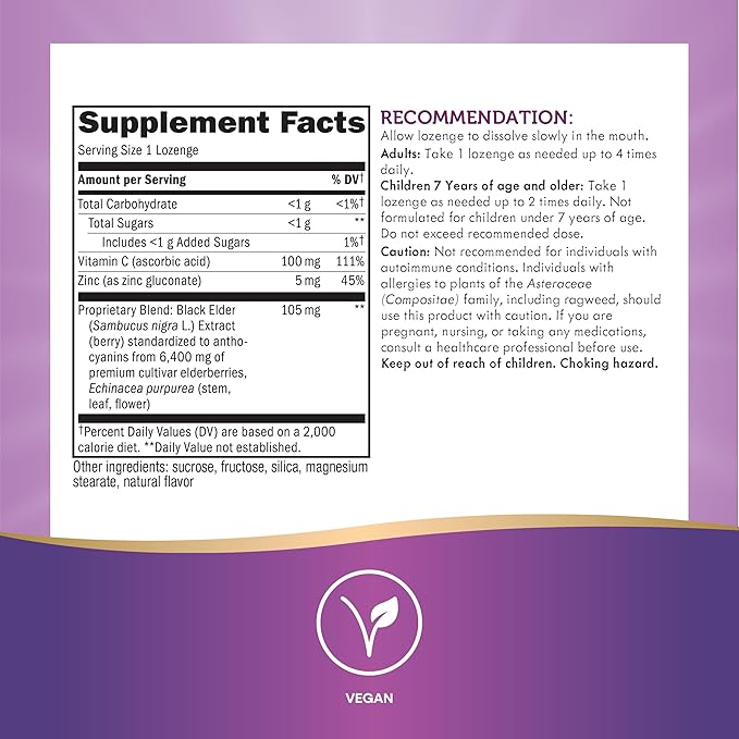 Nature's Way Sambucus Immune Elderberry Lozenges* with Vitamin C, Echinacea, & Zinc, 30 Lozenges