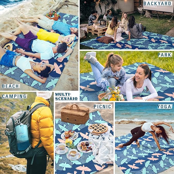Beach Blanket Sandproof Waterproof 78''×110'' 1-7Adults Oversized,Compact Lightweight Durable Beach Mat for Travel Camping Hiking Picnic Blanket