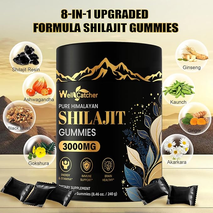 Shilajit Gummies for Men Women: Pure Himalayan Organic Shilajit with Ashwagandha 85+ Trace Minerals & Fulvic Acid Individually Wrapped for Energy Brain Immunity Support No Sugar 40 Servings