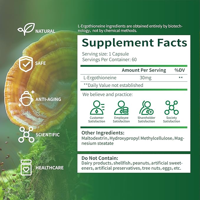 L-Ergothioneine Supplement, 30mg(EGT)/Serving, 6X Ergothioneine Mushroom Extract Supplements Longevity, Immune Support, Heart Health & Brain Supplement, Lab Tested, Made in USA, 60 Servings