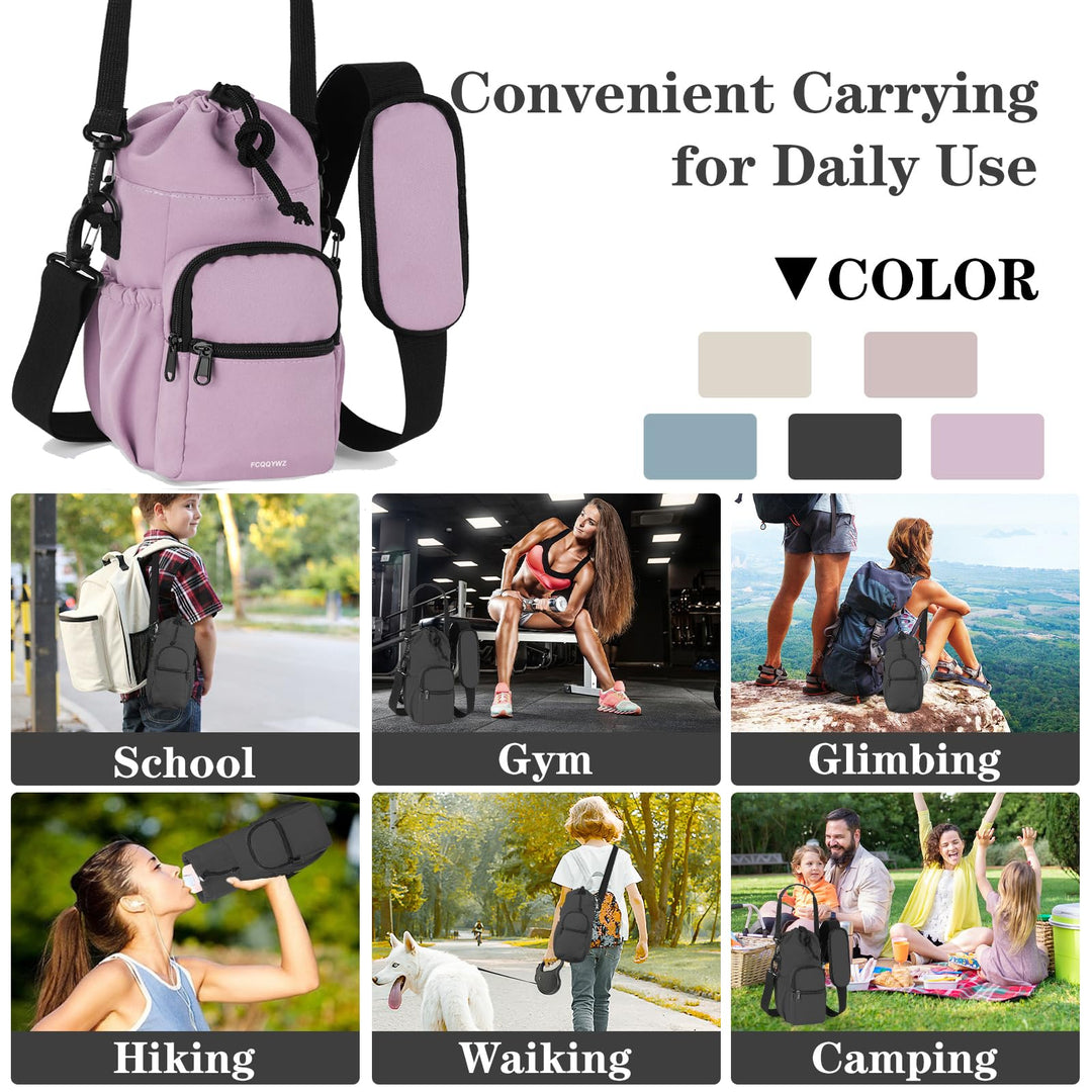 FCQQYWZ Water Bottle Carrier with Strap,64oz 87oz Sports Insulated Crossbody Water Bottle Bag with Adjustable Hand Shoulder Strap and 4 Pockets for Men Women Hiking Camping Travelling (Purple)