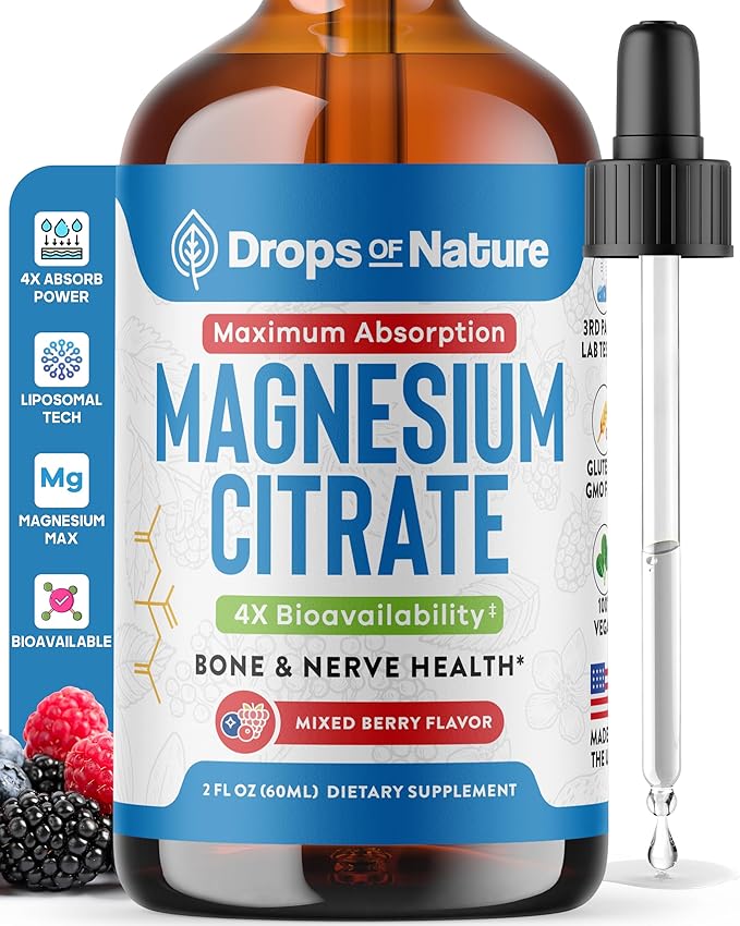 Magnesium Citrate Liquid Supplement – Bioavailable 150 mg Magnesium Supplement – Vegan, Faster Absorption than Citrate Capsules & Pills – Contains Heart & Nerve Nourishing Minerals (Mixed Berry, 60mL)