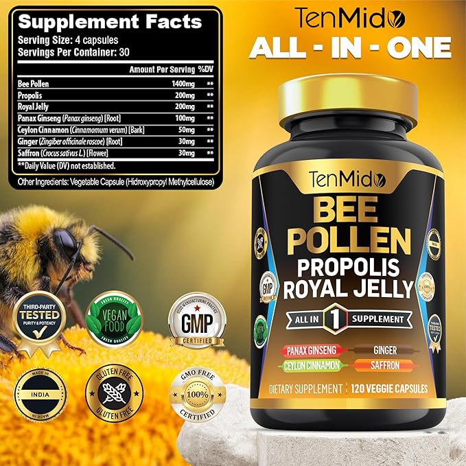 Organic Bee Pollen Supplement - 7in1 Formula - Combine with Propolis, Royal Jelly, Panax Ginseng, Ceylon Cinnamon, Ginger, and Saffron - Digestive Health, Immune Support - 120 Capsules