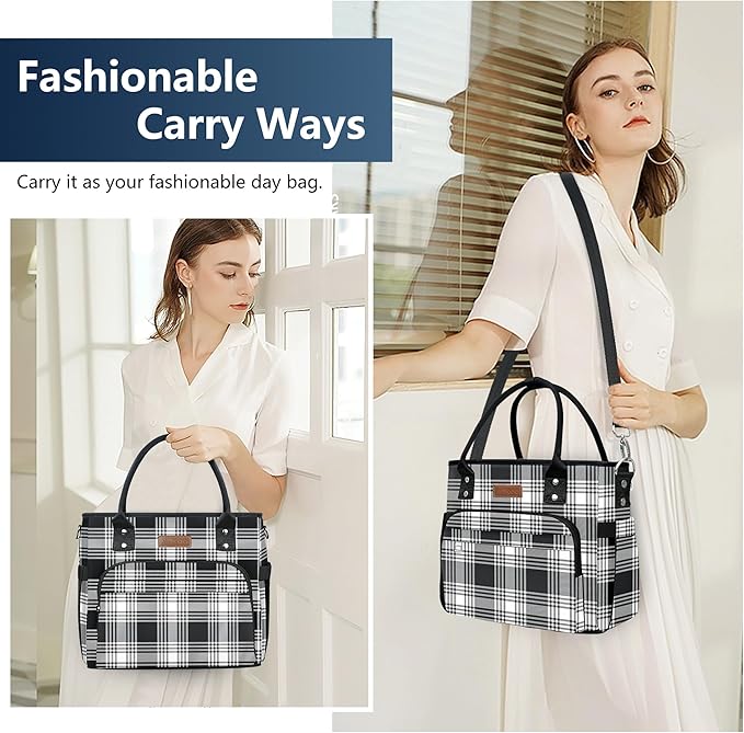 MIYCOO Lunch Bag Lunch Box Women - Leakproof Insulated Lunch Cooler Bag for Women - Large Lunch Tote Bags Adults, Checkered Black and White