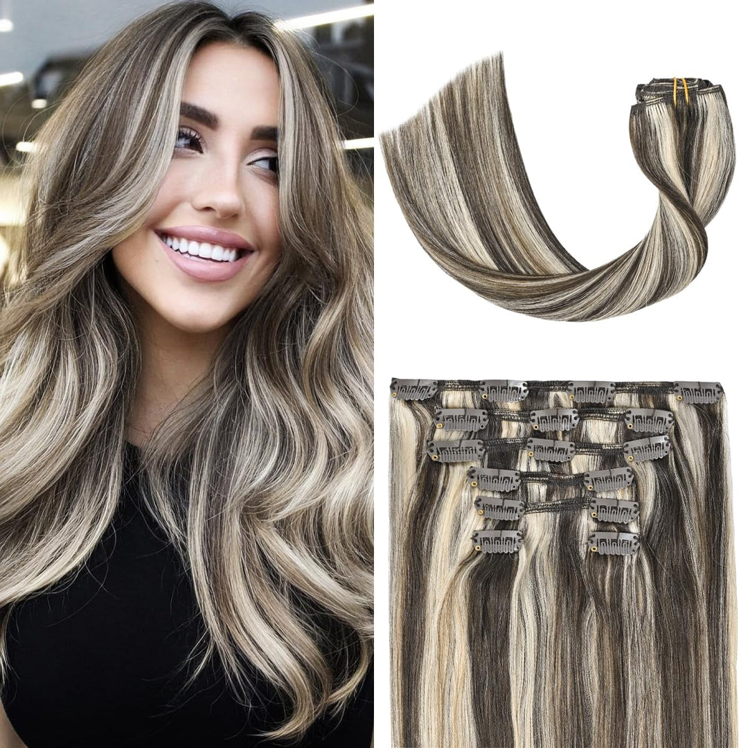 Ugotrays Clip In Hair Extensions Dark Brown Mixed Bleach Blonde Highlight Hair Extensions 15 Inch 70G 7Pcs Straight Real Human H