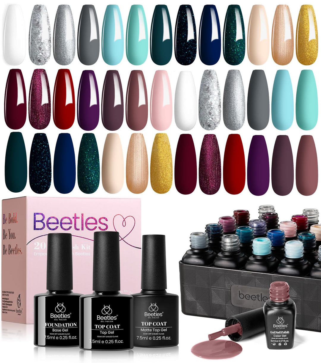 Beetles Gel Polish Kit 20 Pcs Free Spirit Collection Burgundy Red Glitte Blue Gray Purple Gel Nail Polish Soak Off Glossy & Matt
