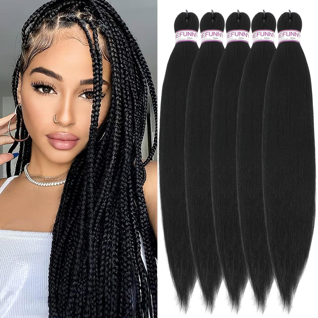 BEFUNNY Pre Stretched Braiding Hair, 5 Packs 24 Inch Professional Black Prestretched Braiding Hair For Women Human Hair Braid,Natural Straight Synthetic Hair Extension,Itch Free(24",5bundles,1B#)