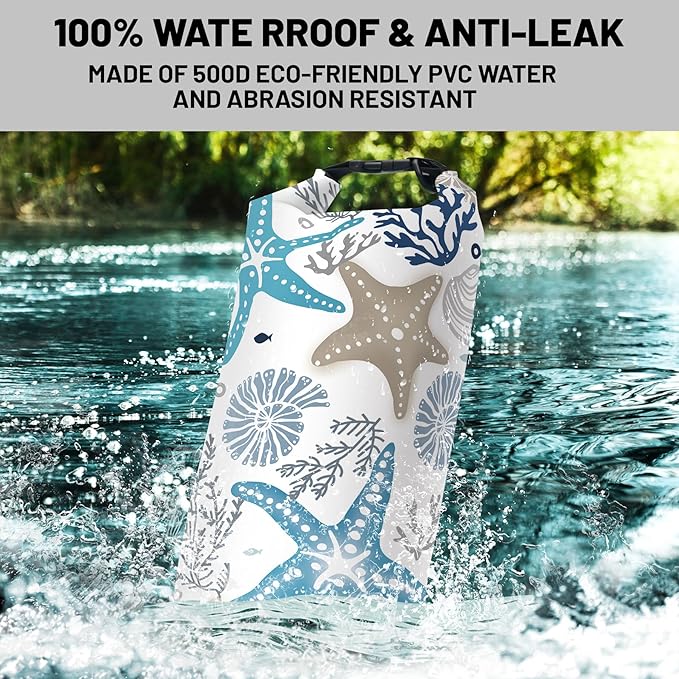 Waterproof Dry Bag,Roll Top Coral Starfish Coastal Waterproof Backpack 5L/10L/20L Floating and Lightweight Bags for Kayaking, Boating, Fishing, Swimming and Camping with Waterproof Phone Case