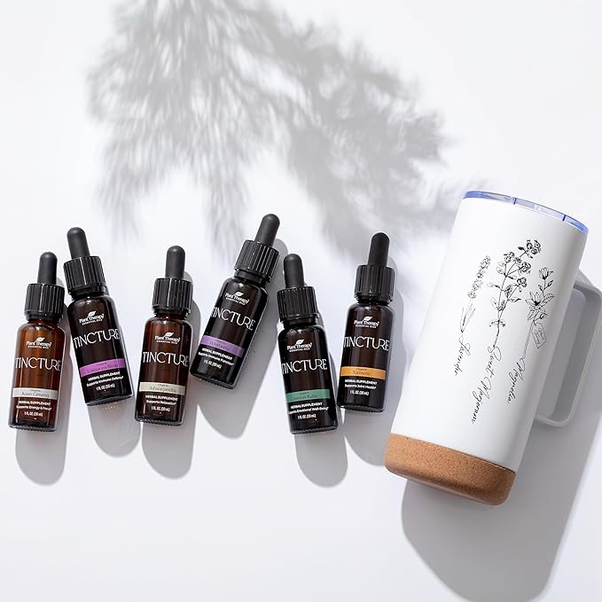 Plant Therapy Total Tincture Package Includes 30 mL Each of Organic Ashwagandha, Asian Ginseng, Echinacea Blend, Elderberry, Lemon Balm, Turmeric & Travel Mug