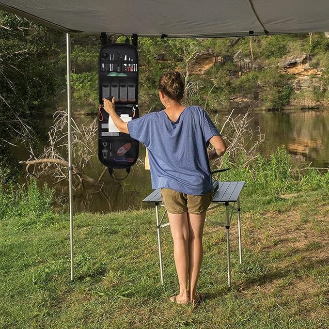 Camp Kitchen Organizer, High Capacity Camping Cooking Utensils Bag, with Hanging Hooks and Paper Towel Holder, Multi-pocket Waterproof Portable Storage for BBQ Outdoor Cooking Essentials