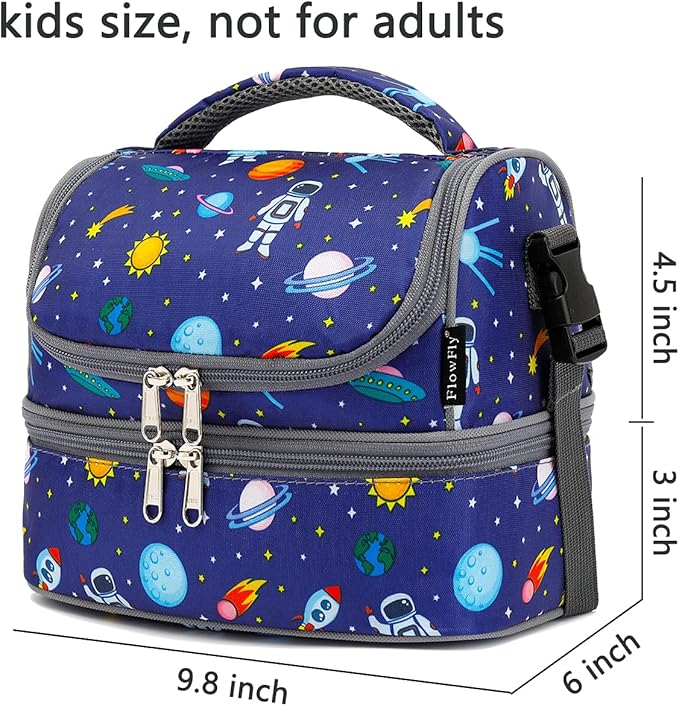 FlowFly Kids Double Decker Cooler Insulated Lunch Bag Large Tote for Boys, Girls, Men, Women, With Adjustable Strap, Astronaut