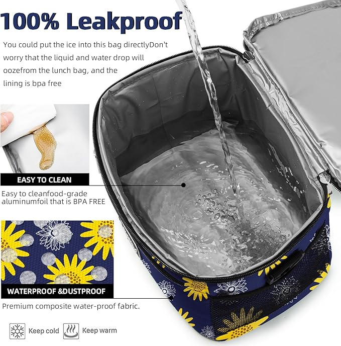 BEIMILY Lunch Bag for Women/Men,Reusable Lunch Box Small Cooler Bag Soft Sided,Leakproof Cooler Bag for Office Work Picnic Beach with Adjustable Shoulder Strap (sunflower), 2311A