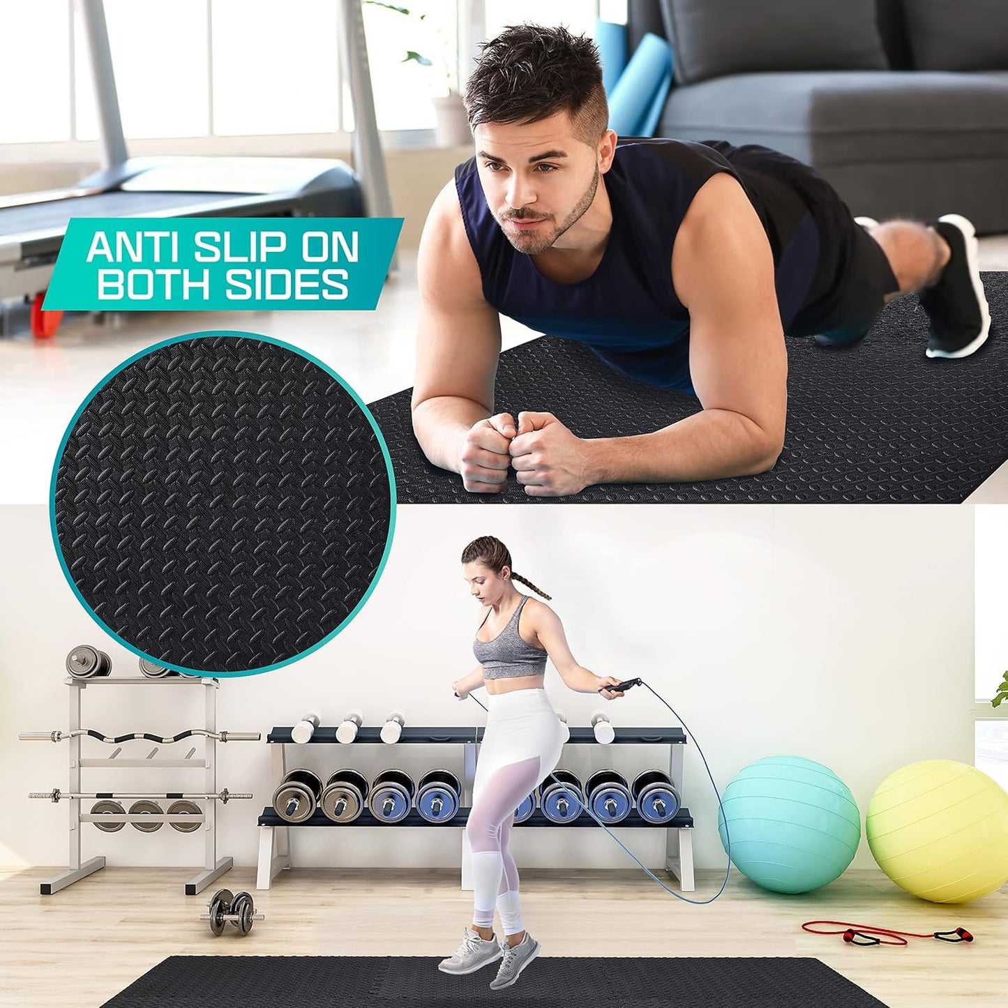 Yes4All 108 SQ. FT Puzzle/Interlocking Exercise Mat Tiles for Home Gym, Exercise EVA Foam Floor Padding with Border for Workout Equipment (Black)