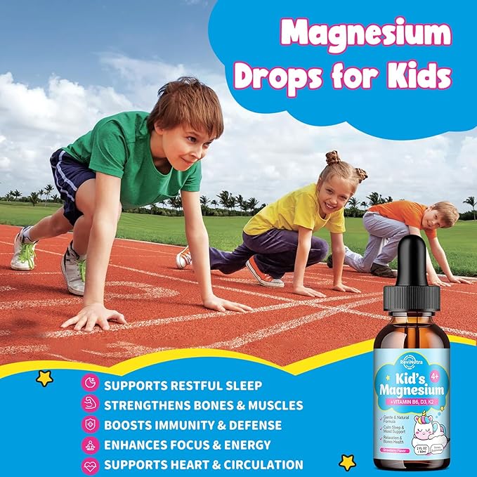 Kids Magnesium Glycinate Liquid Drops with L-Threonate, Omega-3, Ashwagandha, Vitamin B6, D3, K2, Calcium & Chamomile - Magnesium Drops for Kids Sleep, Calm, Focus, Brain & Mood - Strawberry Flavor