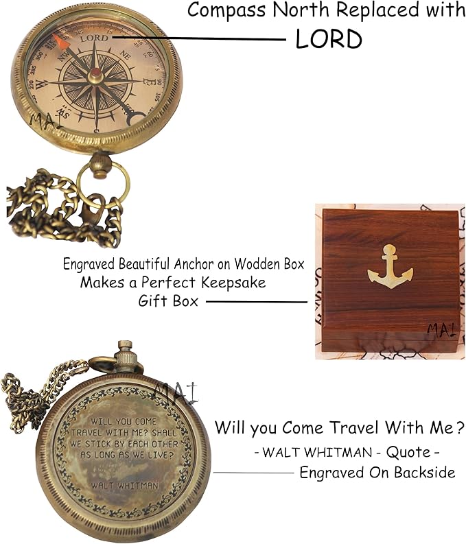 Will You Come Travel With Me? Shall We Stick By Each Other As Long As We Live? Vintage Quote Brass Compass with Wooden Box Scripture-WALT WHITMAN, Gifts Idea, Girls/Boys, Lovers, Husband, Wife, Fiancé