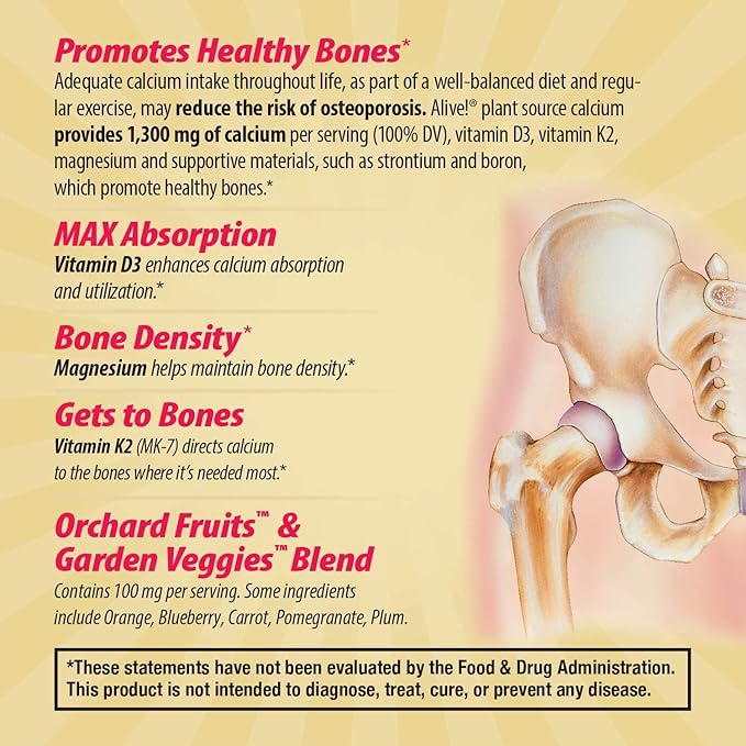 Nature's Way Alive! Calcium Max Absorption, Plant Source Calcium, Vitamin D3 & K2, Magnesium, Bone Support*, 60 Tablets (Packaging May Vary)