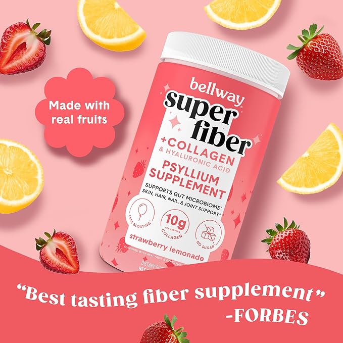Bellway Super Fiber Powder + Collagen, Strawberry Lemonade Shaker Bottle Bundle