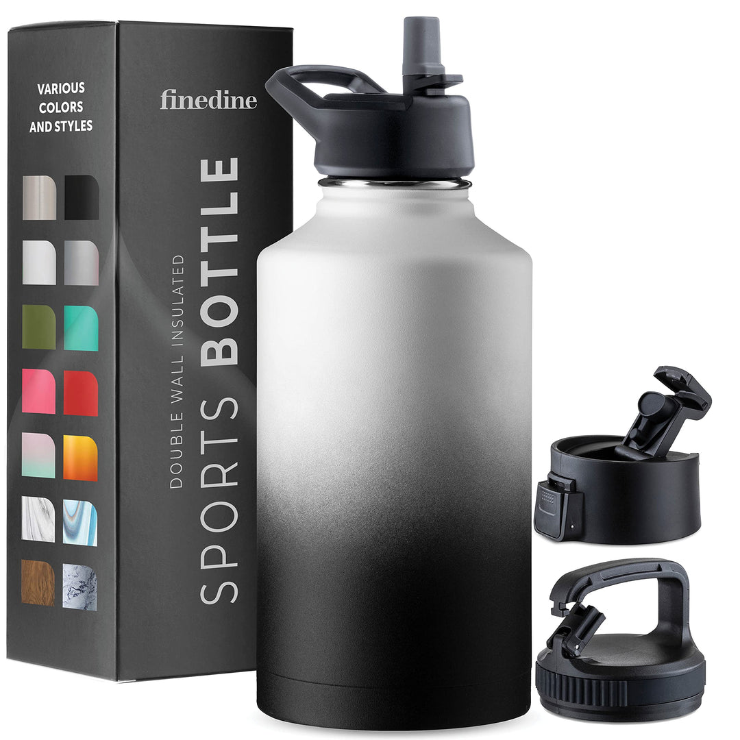 FineDine Triple Walled, Insulated Water Bottles with Straw - 64 Oz Stainless Steel Metal Bottle W/ 3 Leak Proof Lids - For Travel, School, Sports, Gym / Men, Women & Kids - Dreamy Black-White