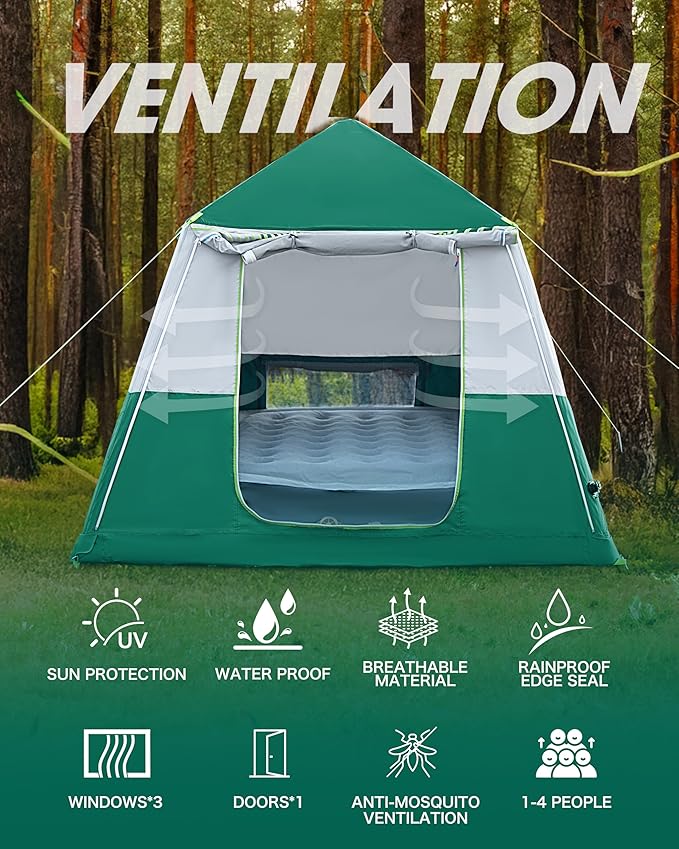 14.1'x6.5'x9' Inflatable Tents for Camping, Portable 6/8/10 Person Blow Up Air Tent, Waterproof Windproof Easy Setup Large Family Tent with 2 Doors, 6 Windows, Mosquito Screen