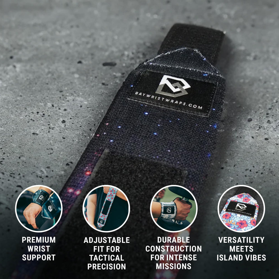 Bay Wrist Wraps Weightlifting Workout Wrist Brace - Adjustable, One Size Fits All - Comfort Wrist Wraps for Weightlifting with Thumb Loop, Lifting Wrist Straps in Galaxy - 18-inch Wrist Wrap