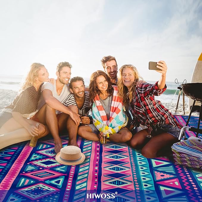 Beach Blanket Waterproof Sandproof Oversized 95”x 80”,Sand Free Beach Mat with Corner Pockets,Portable Mesh Bag for Beach Festival,Picnic,Travel and Outdoor Camping (Boho-Chic)