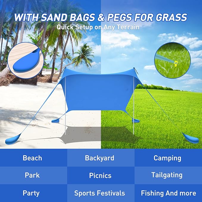 Beach Tent Pop Up Shade Canopy Sun Shelter UPF50+ with 2 Stability Poles/Carry Bag/Ground Pegs/Sand Shovel/Windproof Ropes Portable Outdoor Family Sunshade for Beach Camping (Turquoise, 7×7FT)