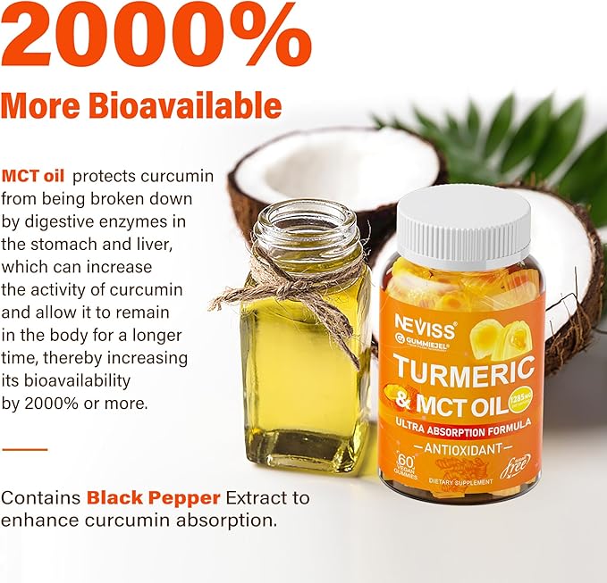 Turmeric Curcumin Gummies for Adults, with Medium Chain Triglycerides (MCT) Oil, Black Pepper Extract, Ultra Absorption, Sugar Free, 120 Gummies, 60 Servings