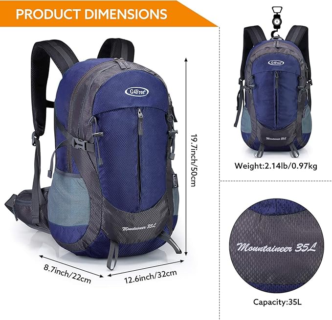 G4Free 35L Hiking Backpack Water Resistant Outdoor Sports Travel Daypack Lightweight with Rain Cover for Women Men (Dark Blue)