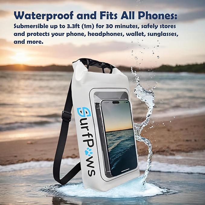 2L Waterproof Dry Bag - Multifunctional Waterproof Dry Pouch for Phone and Valuables - Essential for Outdoor Travel, Beach, Swimming, Boating, Camping (White)