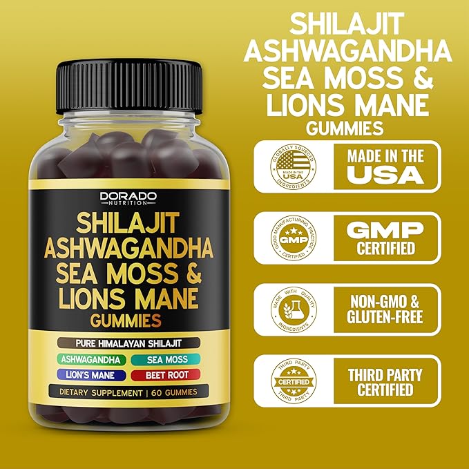 Shilajit Gummies with Sea Moss, Ashwagandha & Lions Mane - (Pure Himalayan Shilajit Supplement for Men & Women, Energy & Immunity Support) - Third Party Tested & Vegan Safe - (60 Gummies)