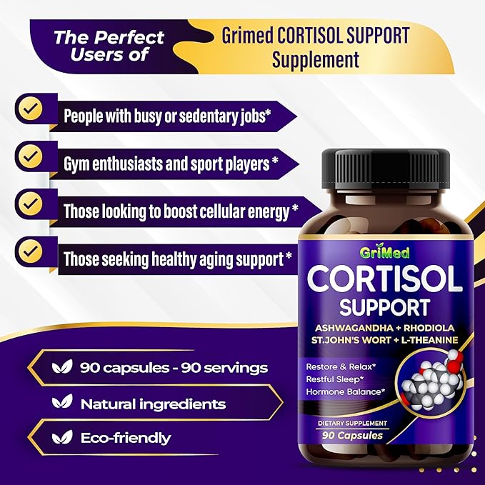 GriMed Ashwagandha Rhodiola 14,150mg - x 10 Power with St.John's Wort, L-Theanine - Restore & Relax, Restful Sleep - USA Made & Tested (90 Count (Pack of 1))