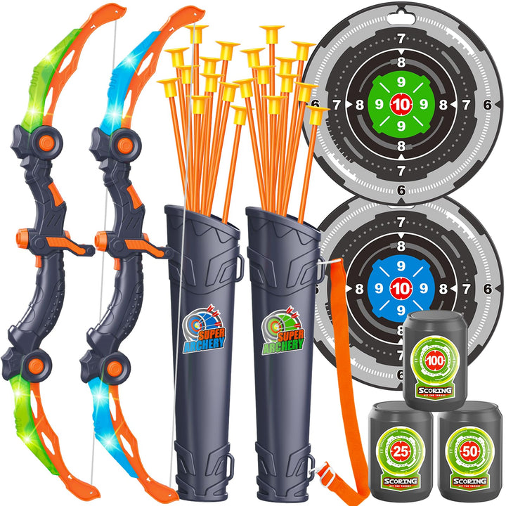 GMAOPHY Bow and Arrow for 5 6 7 8 9 10 11+ Year Old Boys, Birthday Gift for Kids, Indoor Outdoor Activity Toys, 2 Pack LED Light Up Archery Toy with 20 Suction Cup Arrows, Standing Target, 2 Quiver