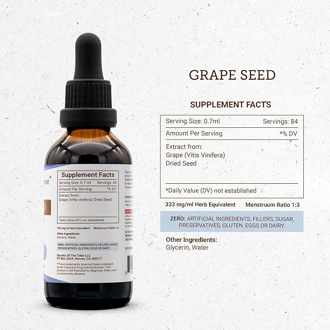 Secrets of the Tribe Grape Seed Tincture Alcohol-Free Liquid Extract, Grape (Vitis Vinifera) Dried Seed (2 FL OZ)
