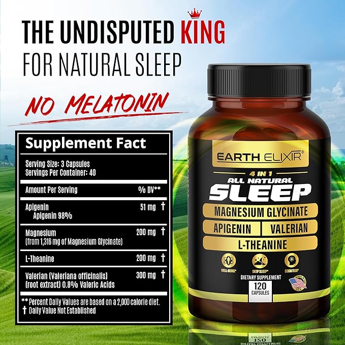 4-in-1 Sleep Aid (120 Caps) w/Apigenin 50mg, Magnesium Glycinate 200mg, L Theanine 200mg & Valerian Root for Sleep Aid 300mg | Apigenin Supplement for Sleep | Sleeping Pills
