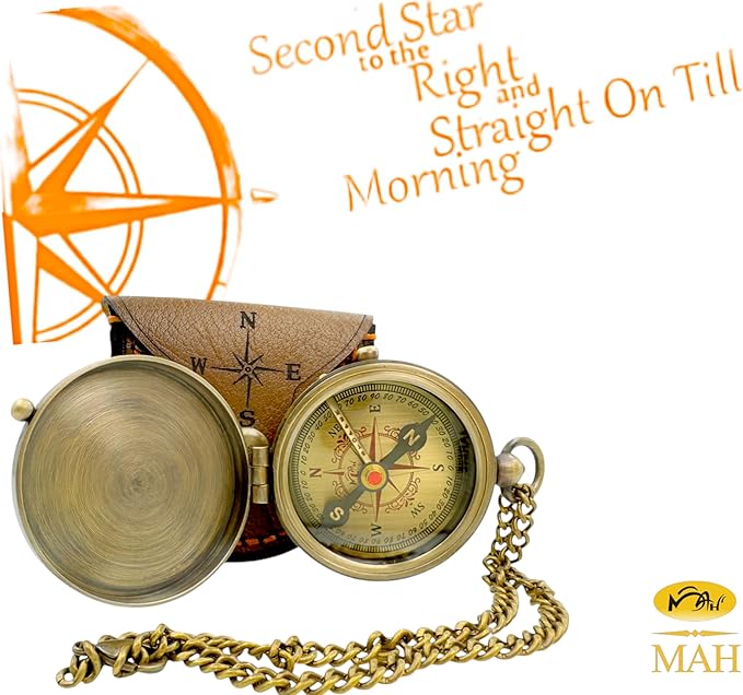 Second Star to The Right J. M. Barrie, Peter Pan Engraved Handmade Brass Compass for Birthday, Graduation Day, Confirmation Gift, Valentine Gift Parting Gift and Campion, Hiking Compass with Case