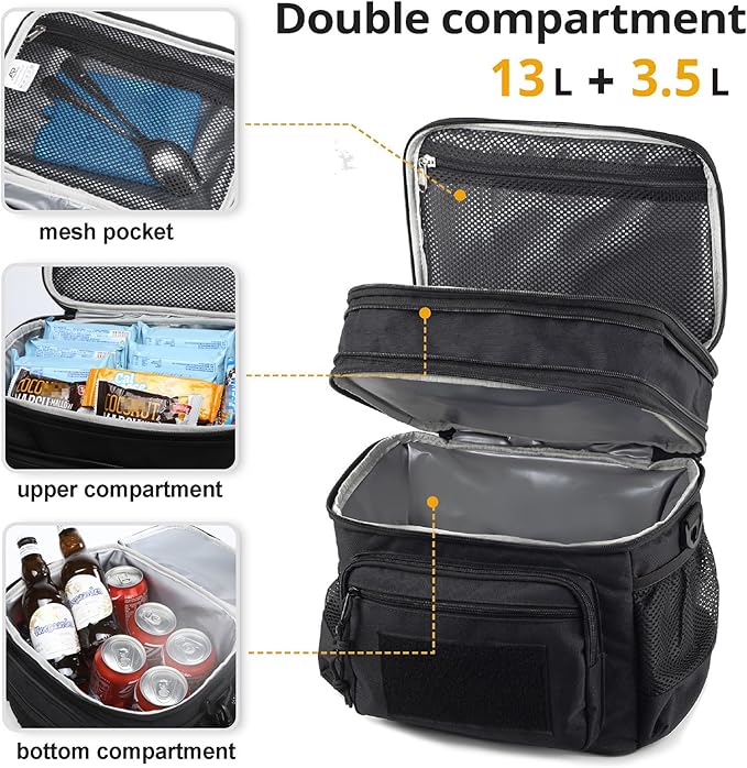 ATRIPACK Lunch Bag for Men, Double Deck Tactical Lunch Box Work with Shoulder Strap MOLLE Webbing Large Lunch Cooler Leakproof Insulated （Black）