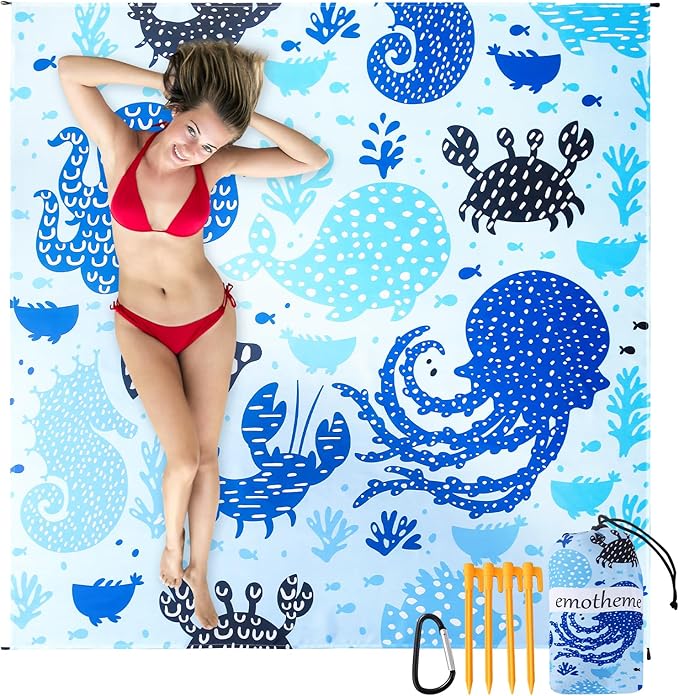 Beach Blanket, Sandproof Beach Mat 79" X 82" for 4-7 Adults, Large Waterproof Beach Blanket Quick Drying Lightweight Beach Blanket with 4 Stakes for Travel Camping Hiking (Octopus)