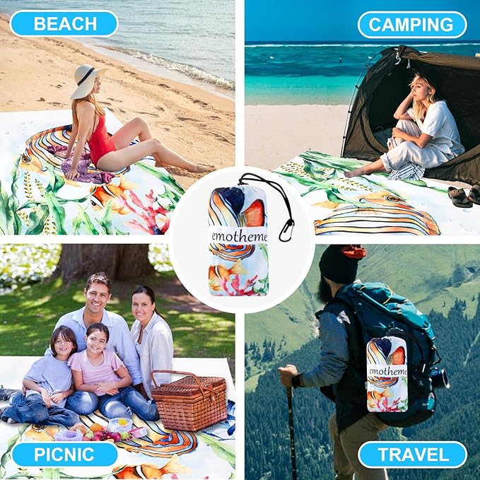 Beach Blanket, Sandproof Beach Mat 79" X 82" for 4-7 Adults, Large Waterproof Beach Blanket Quick Drying Lightweight Beach Blanket with 4 Stakes for Travel Camping Hiking (Deep Sea)