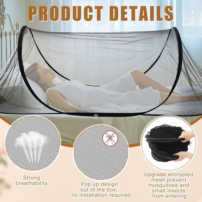2 Pcs 78 * 31 * 22 Inch Large Pop up Mosquito Tent Portable Folding Mosquito Net Anti Mosquito Bed Canopy Fly Tent Adjustable Mosquito Nets for Adults Baby Bed Camping Travel Patio Blacck